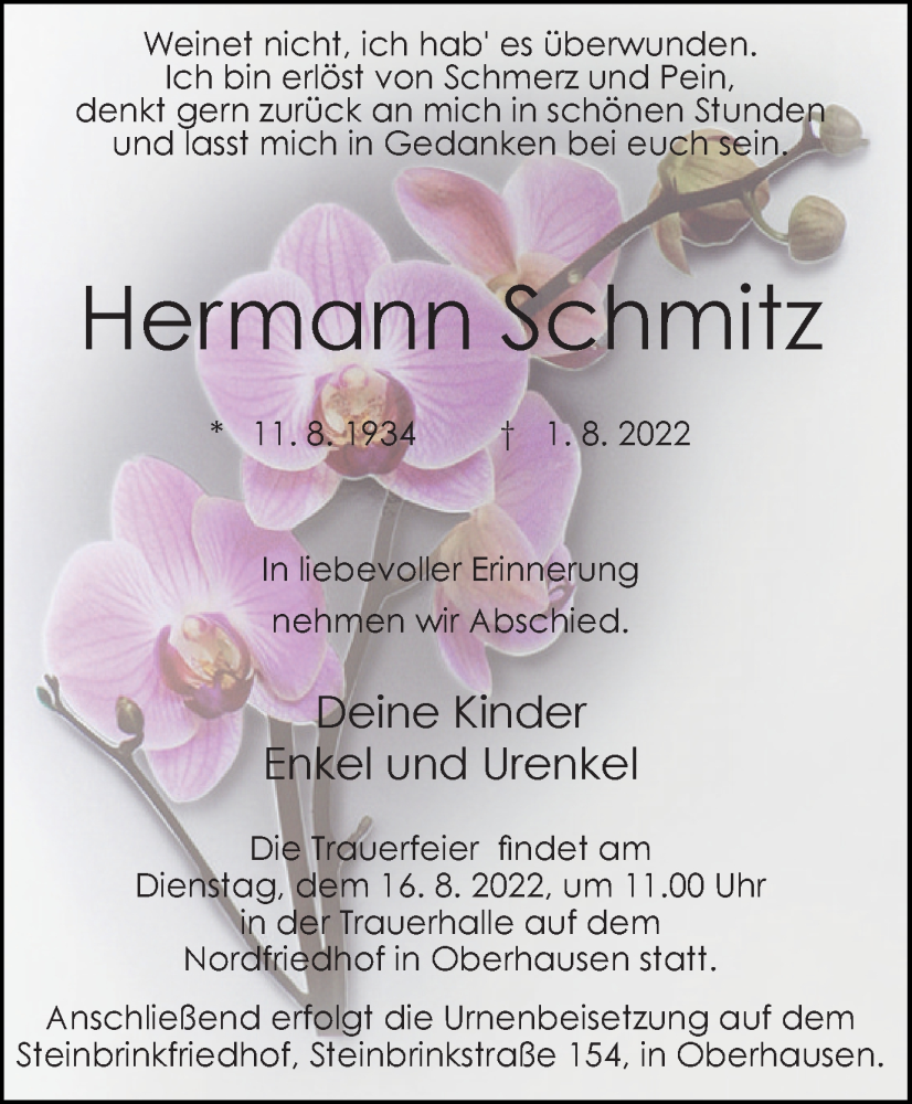  Traueranzeige für Hermann Schmitz vom 06.08.2022 aus WVW/ORA