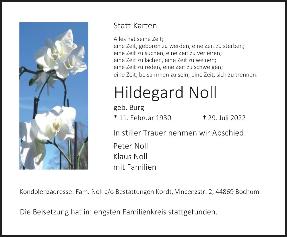  Traueranzeige für Hildegard Noll vom 06.08.2022 aus WVW/ORA