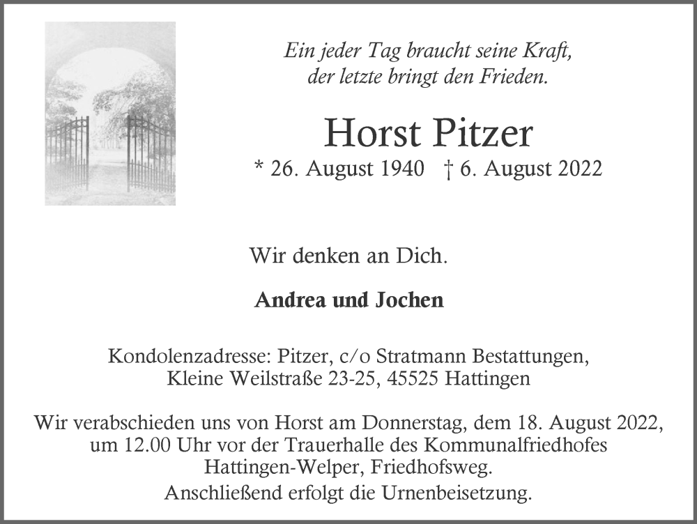  Traueranzeige für Horst Pitzer vom 13.08.2022 aus WVW/ORA