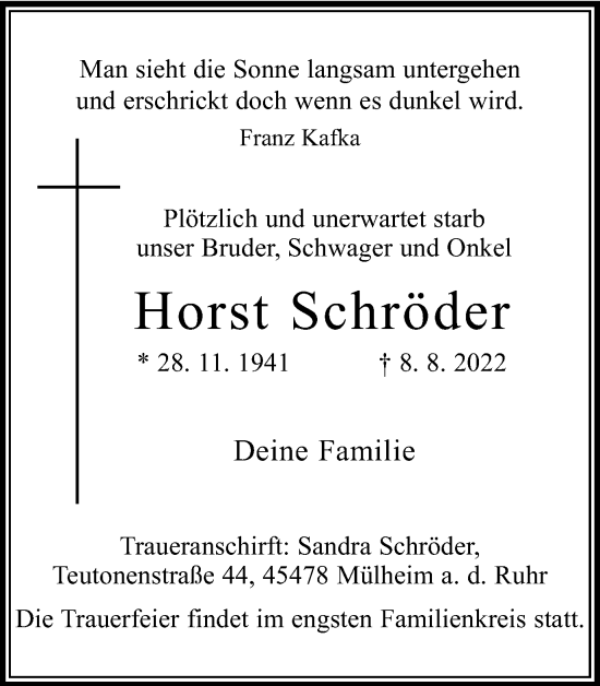Traueranzeige von Horst Schröder von WVW/ORA