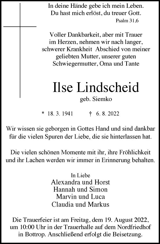  Traueranzeige für Ilse Lindscheid vom 13.08.2022 aus WVW/ORA