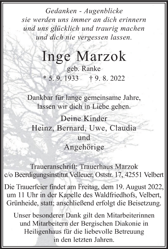  Traueranzeige für Inge Marzok vom 13.08.2022 aus WVW/ORA