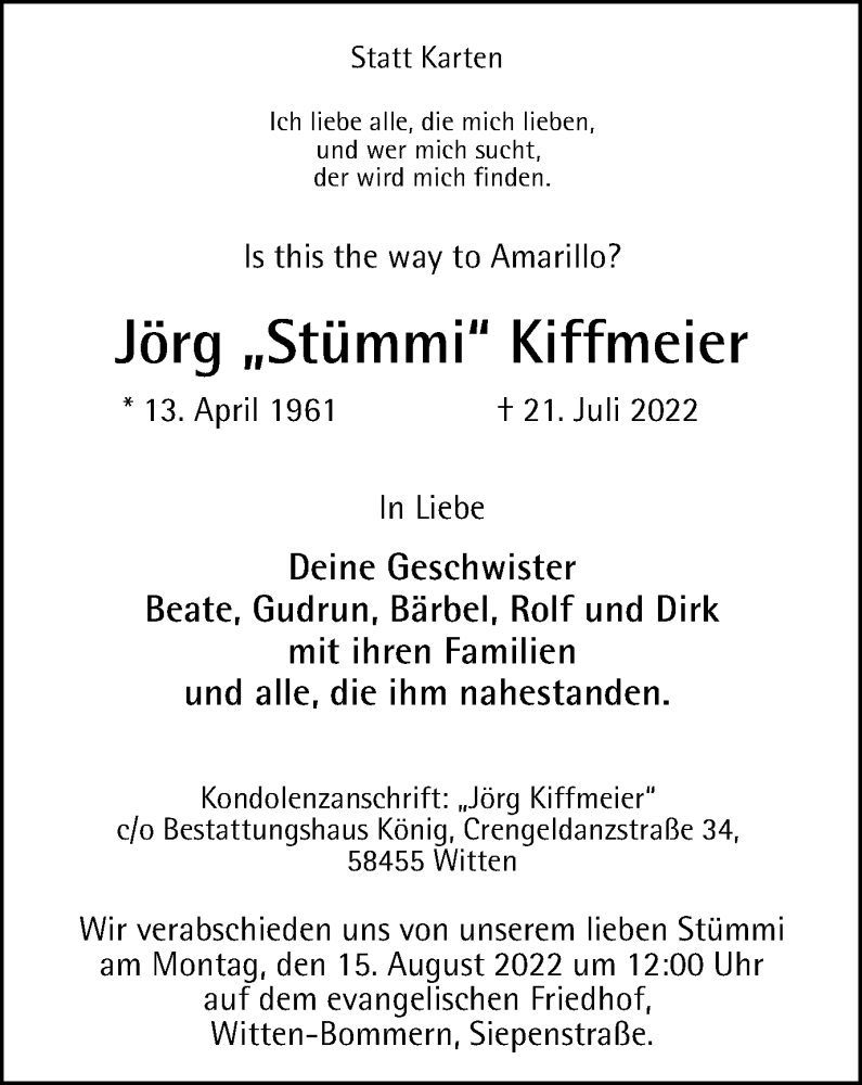  Traueranzeige für Jörg Kiffmeier vom 06.08.2022 aus WVW/ORA