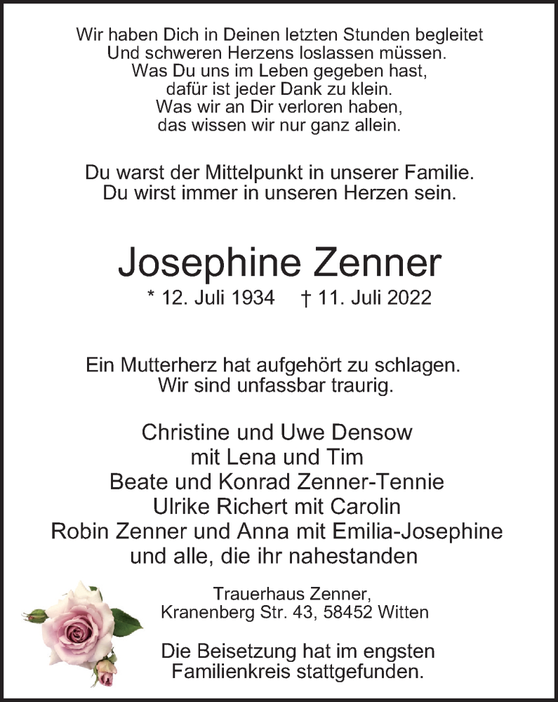  Traueranzeige für Josephine Zenner vom 06.08.2022 aus WVW/ORA