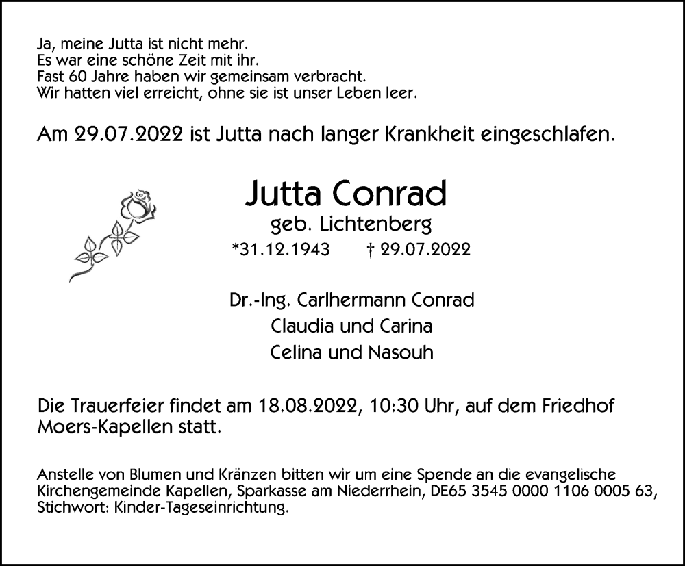  Traueranzeige für Jutta Conrad vom 06.08.2022 aus WVW/ORA