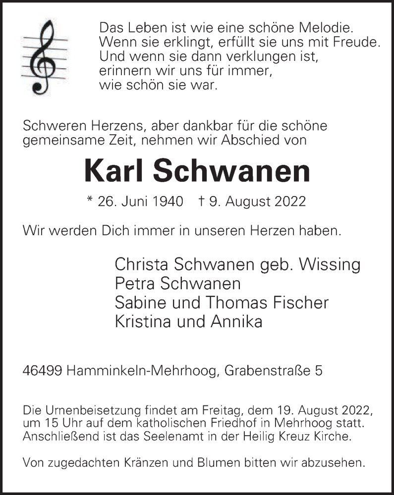  Traueranzeige für Karl Schwanen vom 13.08.2022 aus WVW/ORA
