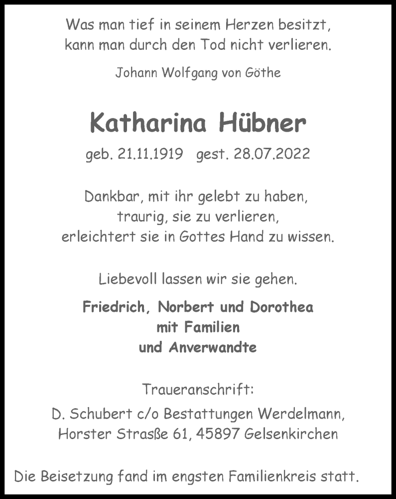  Traueranzeige für Katharina Hübner vom 06.08.2022 aus WVW/ORA