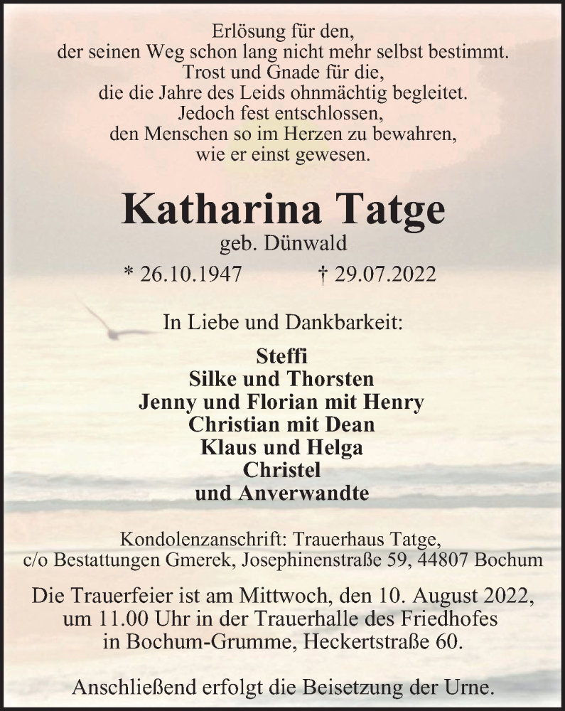  Traueranzeige für Katharina Tatge vom 06.08.2022 aus WVW/ORA