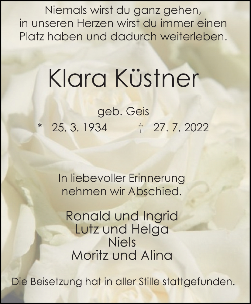  Traueranzeige für Klara Küstner vom 06.08.2022 aus WVW/ORA