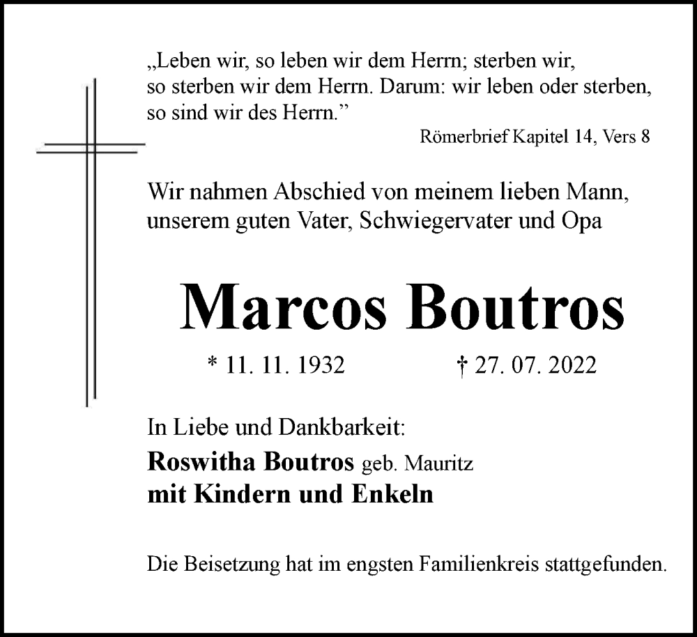  Traueranzeige für Marcos Boutros vom 06.08.2022 aus WVW/ORA