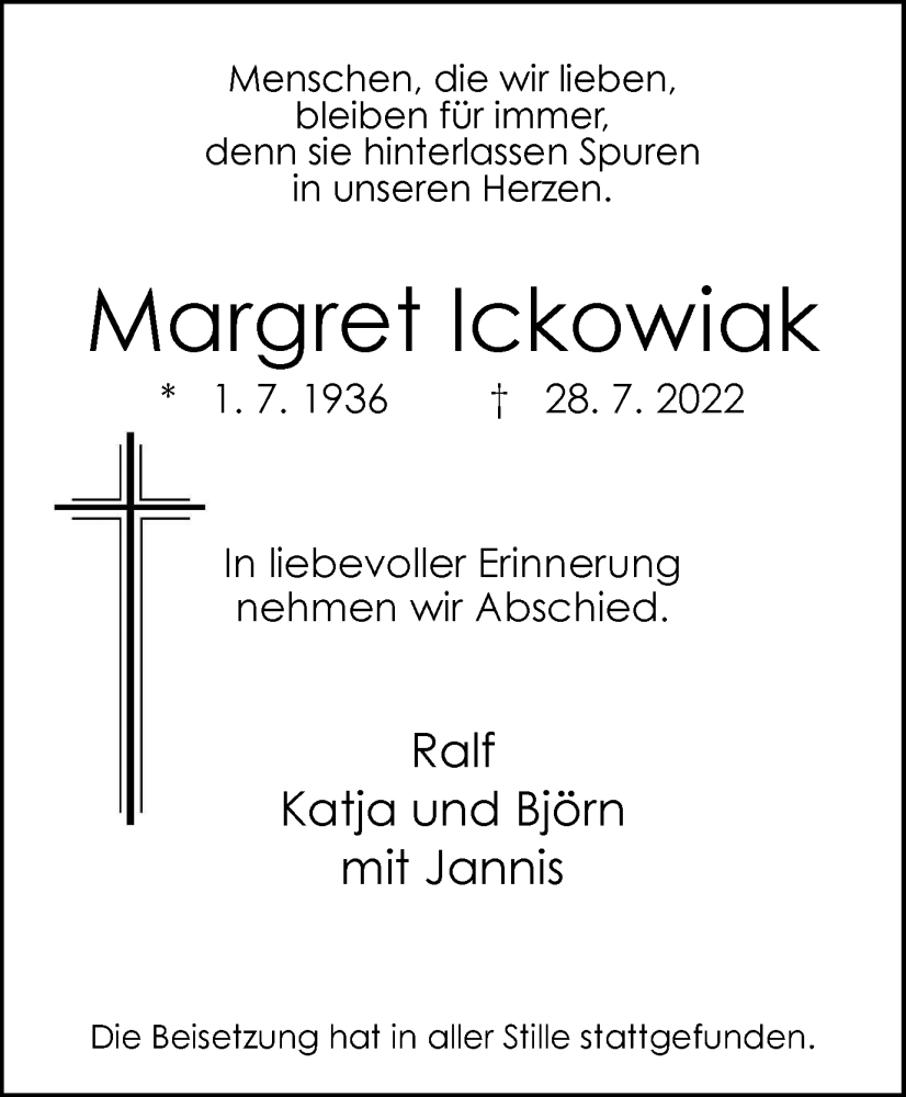  Traueranzeige für Margret Ickowiak vom 06.08.2022 aus WVW/ORA