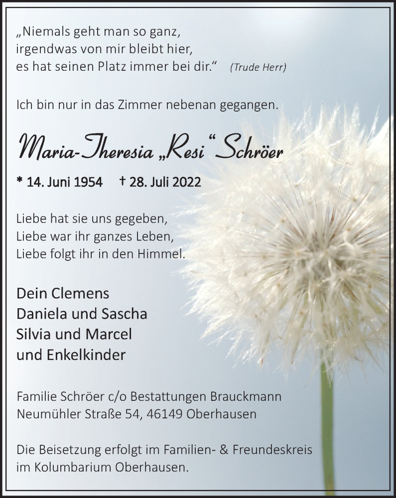  Traueranzeige für Maria-Theresia Schröer vom 06.08.2022 aus WVW/ORA