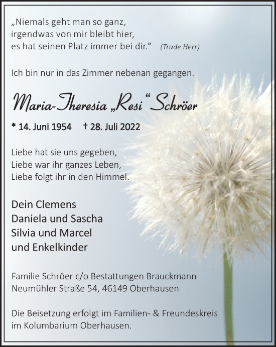 Traueranzeige von Maria-Theresia Schröer von WVW/ORA