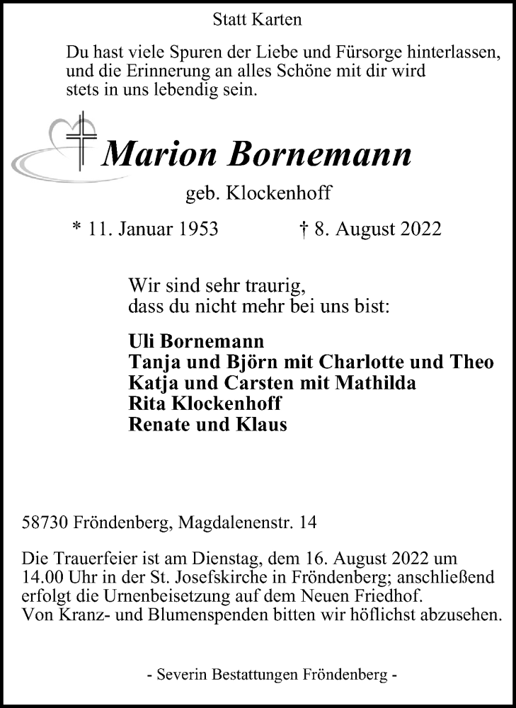  Traueranzeige für Marion Bornemann vom 13.08.2022 aus WVW/ORA