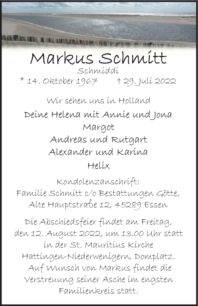  Traueranzeige für Markus Schmitt vom 06.08.2022 aus WVW/ORA