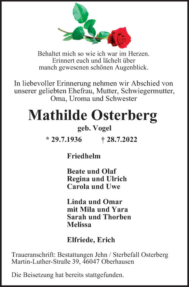  Traueranzeige für Mathilde Osterberg vom 06.08.2022 aus WVW/ORA