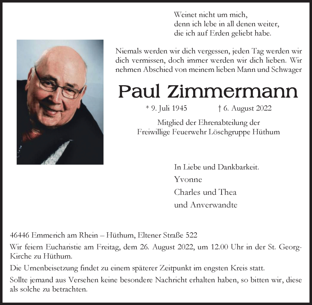  Traueranzeige für Paul Zimmermann vom 13.08.2022 aus WVW/ORA