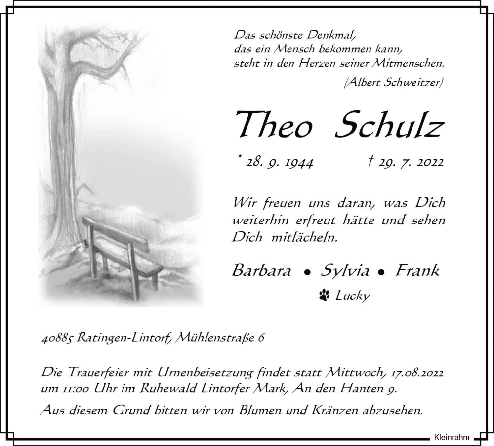  Traueranzeige für Theo Schulz vom 06.08.2022 aus WVW/ORA
