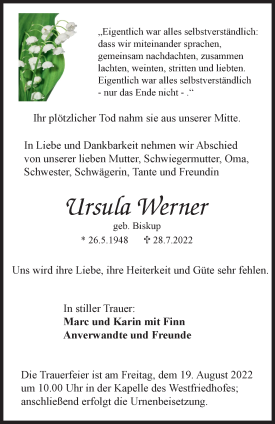 Traueranzeige von Ursula Werner von WVW/ORA