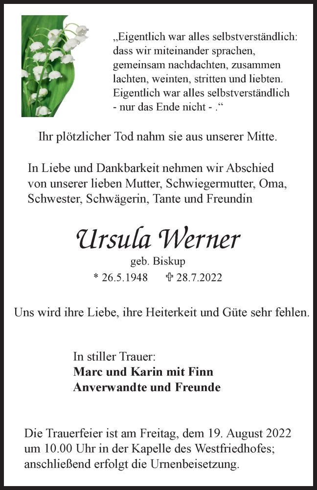  Traueranzeige für Ursula Werner vom 06.08.2022 aus WVW/ORA