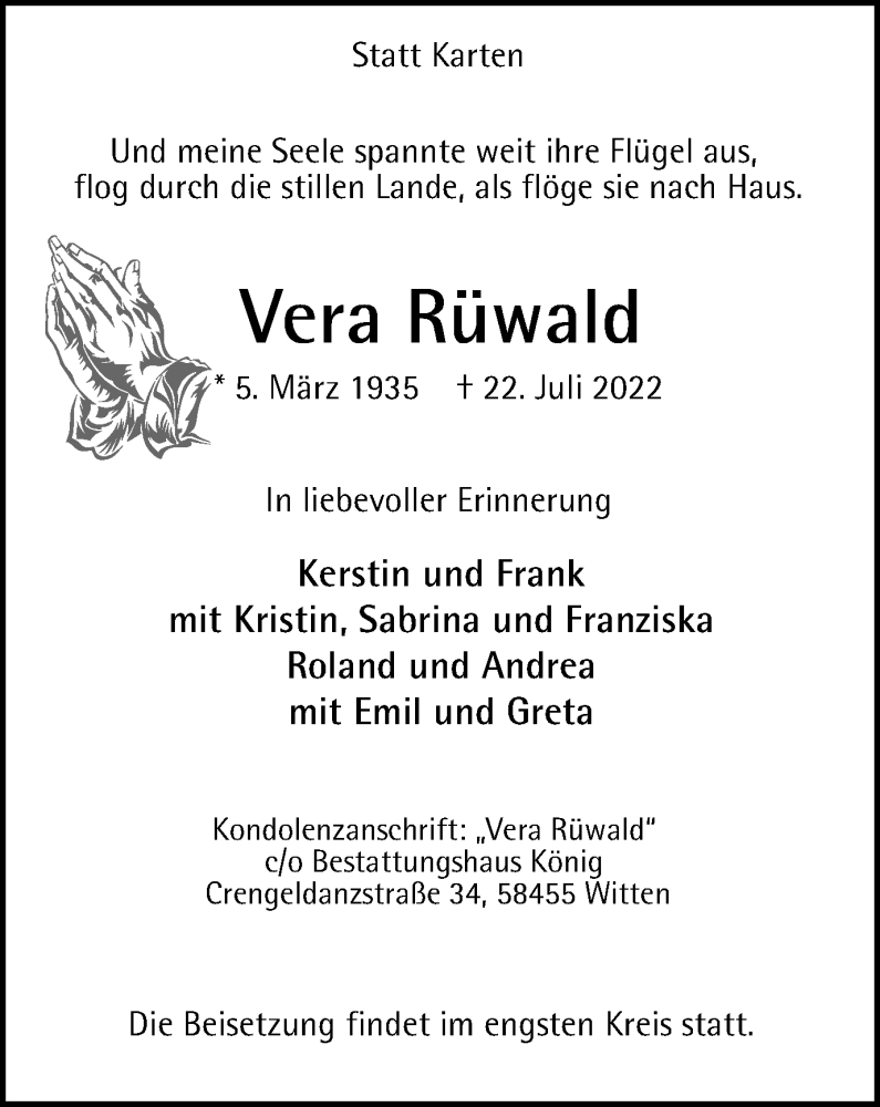  Traueranzeige für Vera Rüwald vom 06.08.2022 aus WVW/ORA