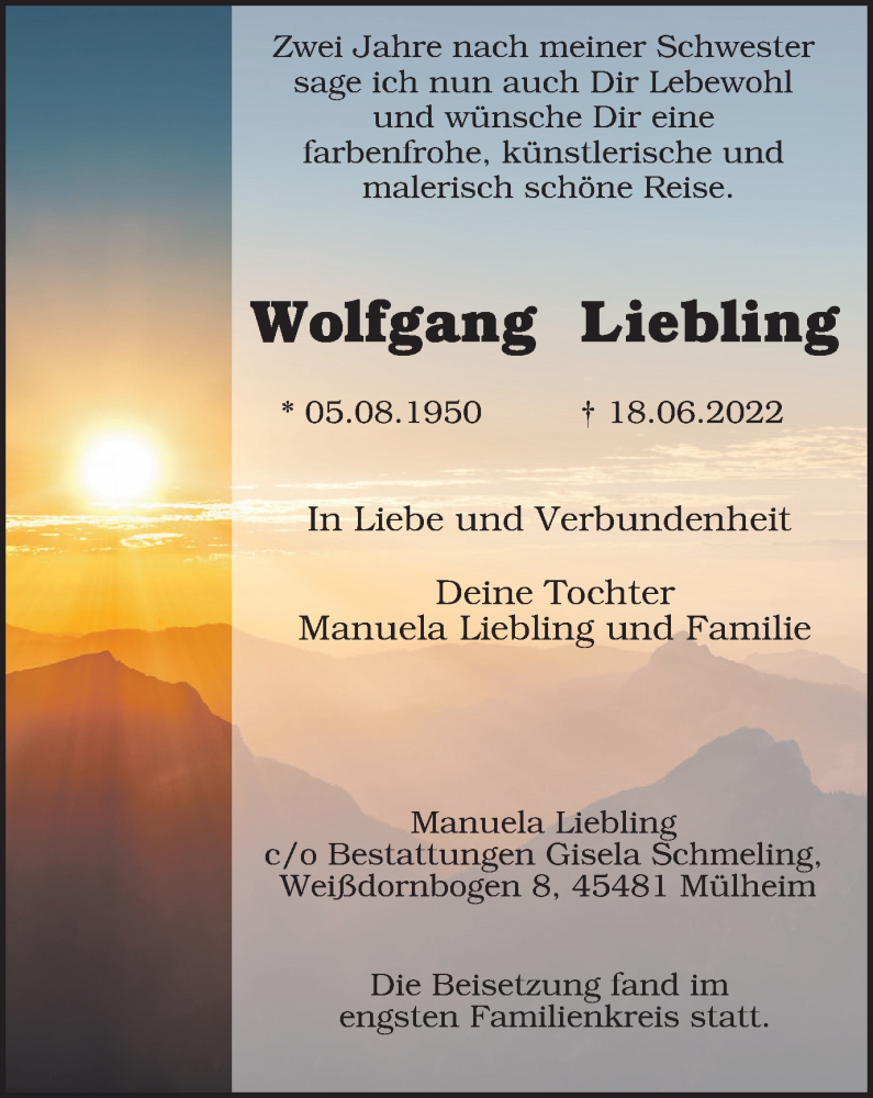  Traueranzeige für Wolfgang Liebling vom 13.08.2022 aus WVW/ORA