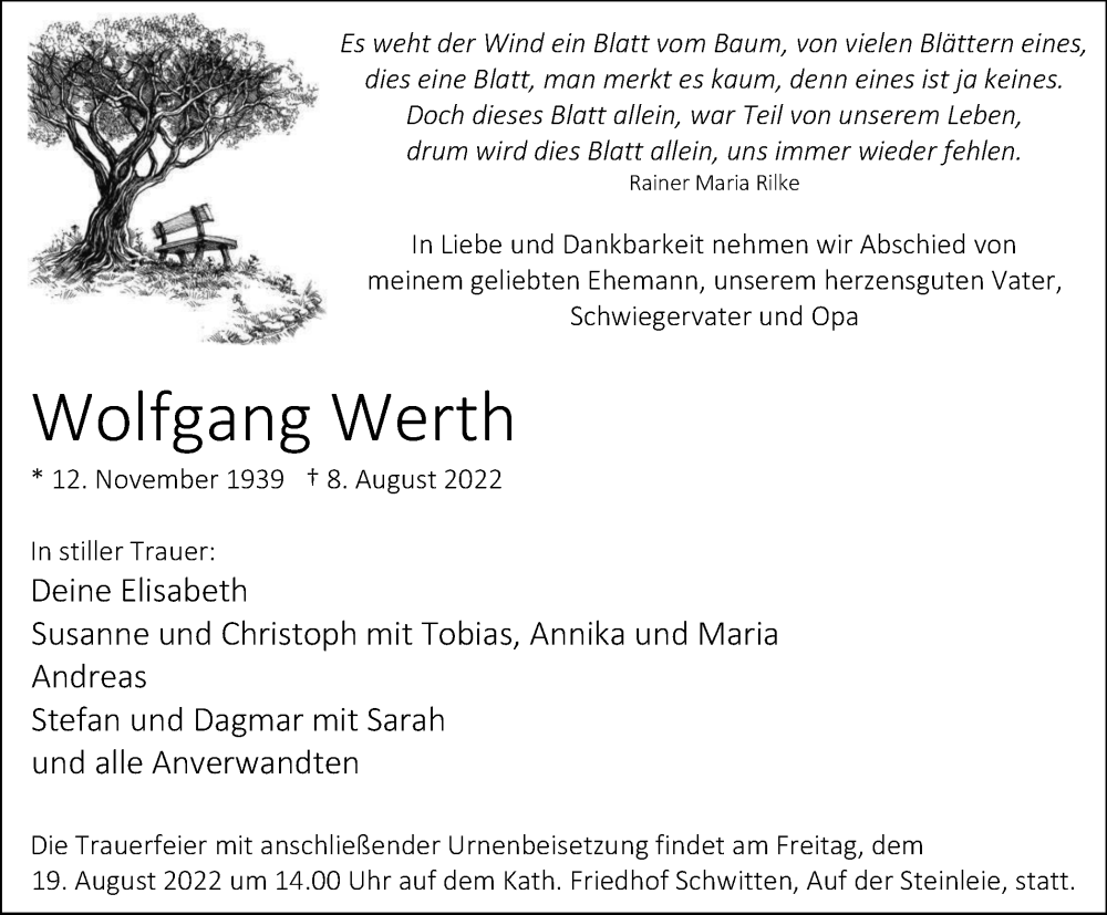  Traueranzeige für Wolfgang Werth vom 13.08.2022 aus WVW/ORA