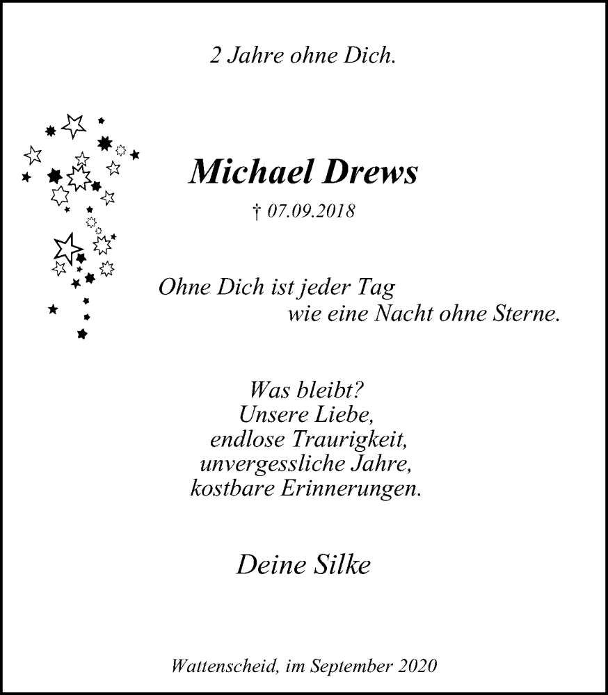  Traueranzeige für Michael Drews vom 07.09.2020 aus Stadtspiegel Wattenscheid