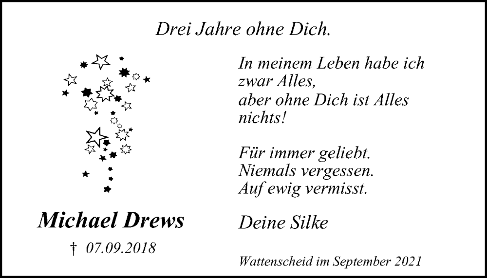  Traueranzeige für Michael Drews vom 07.09.2021 aus Stadtspiegel Wattenscheid