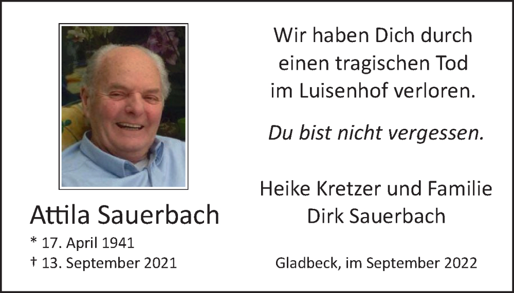  Traueranzeige für Attila Sauerbach vom 17.09.2022 aus WVW/ORA