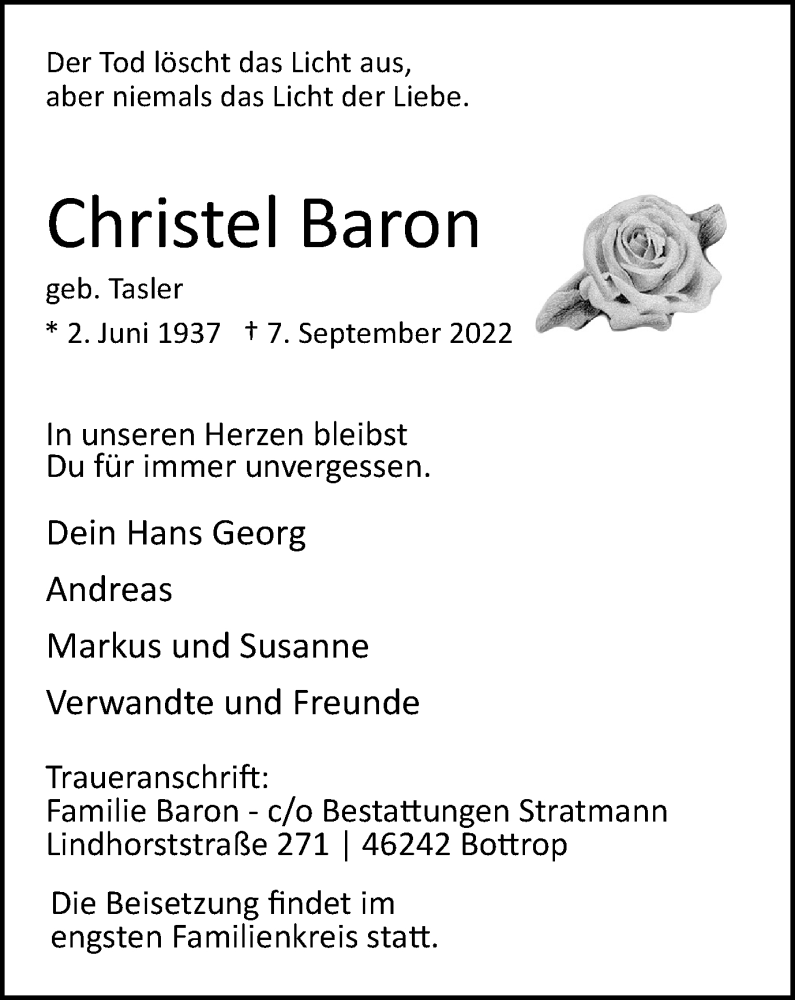  Traueranzeige für Christel Baron vom 17.09.2022 aus WVW/ORA