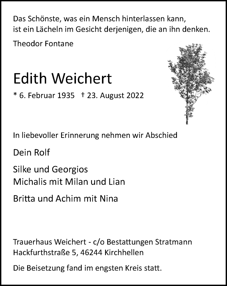  Traueranzeige für Edith Weichert vom 17.09.2022 aus WVW/ORA