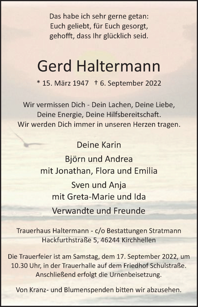  Traueranzeige für Gerd Haltermann vom 17.09.2022 aus WVW/ORA