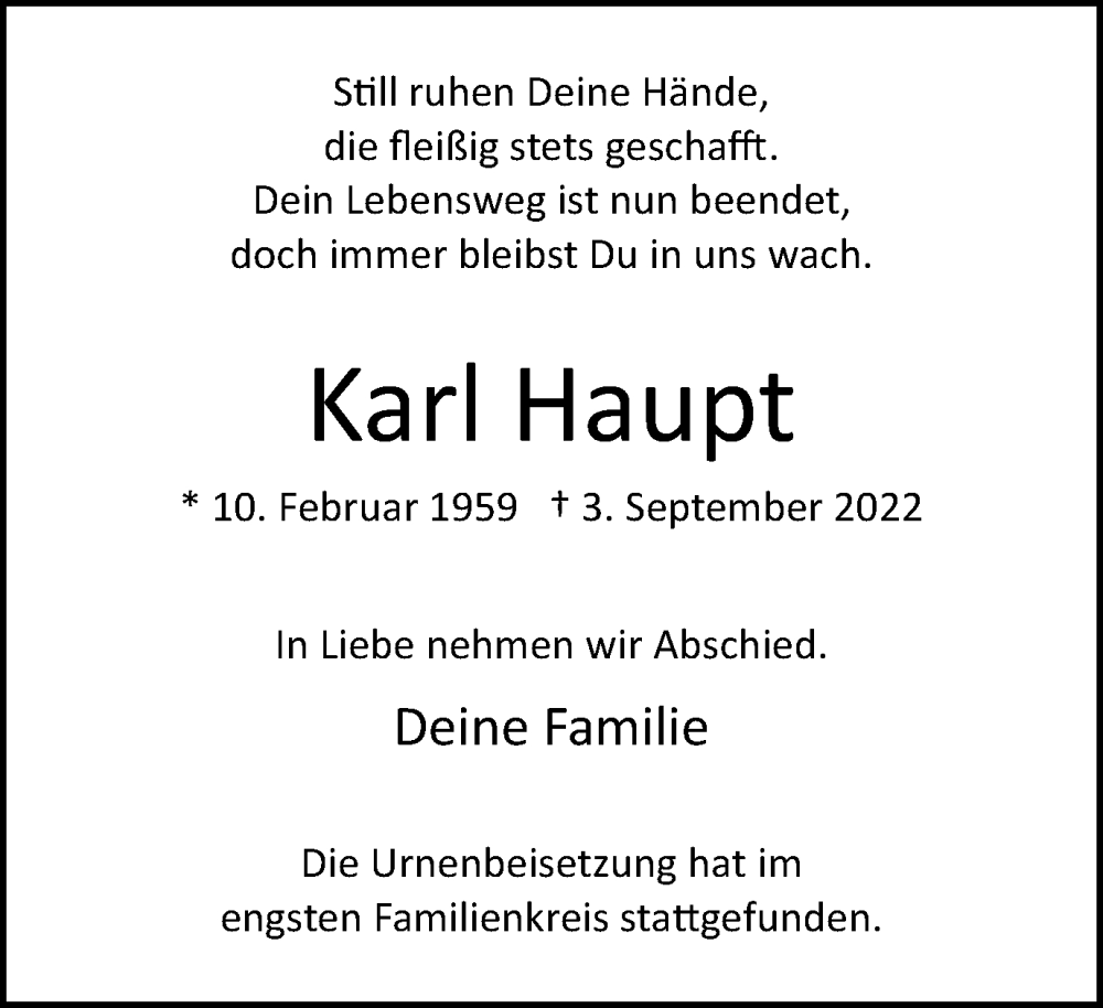  Traueranzeige für Karl Haupt vom 17.09.2022 aus WVW/ORA