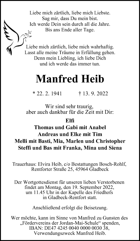  Traueranzeige für Manfred Heib vom 17.09.2022 aus WVW/ORA