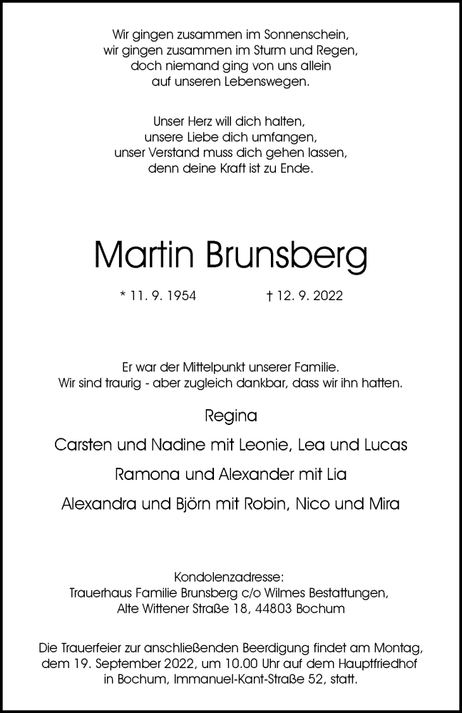  Traueranzeige für Martin Brunsberg vom 17.09.2022 aus WVW/ORA