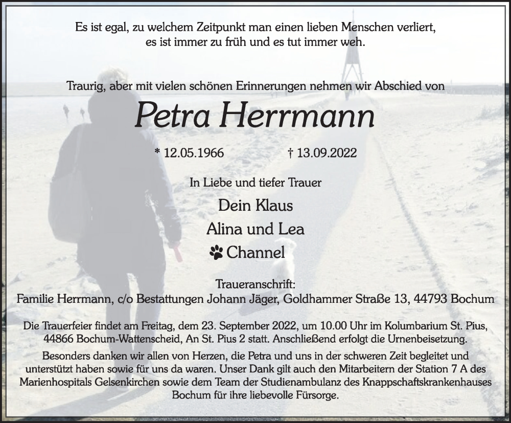  Traueranzeige für Petra Herrmann vom 17.09.2022 aus WVW/ORA