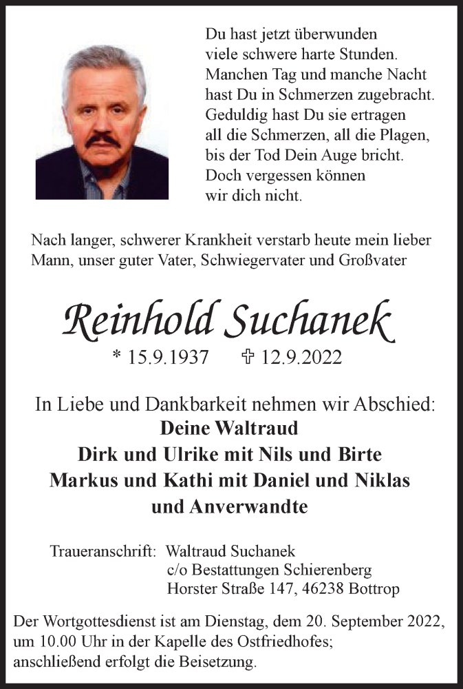  Traueranzeige für Reinhold Suchanek vom 17.09.2022 aus WVW/ORA