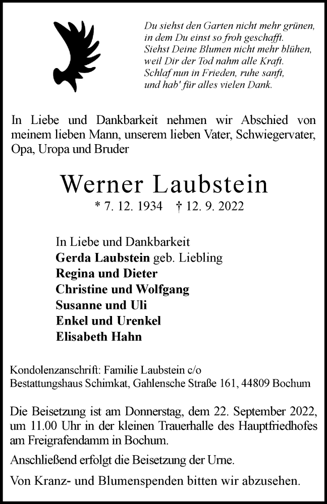  Traueranzeige für Werner Laubstein vom 17.09.2022 aus WVW/ORA