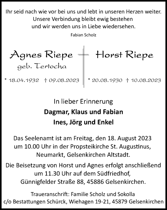 Traueranzeige von Agnes und Horst Riepe von Tageszeitung