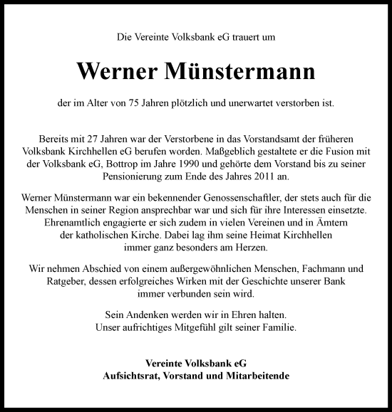 Traueranzeige von Werner Münstermann von Tageszeitung