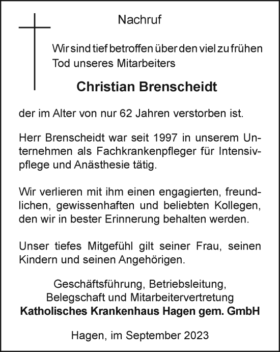 Traueranzeige von Christian Brenscheidt von Tageszeitung