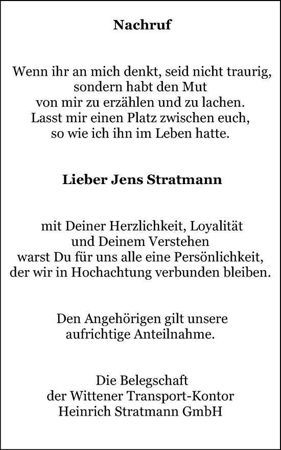 Traueranzeige von Jens Stratmann von Tageszeitung