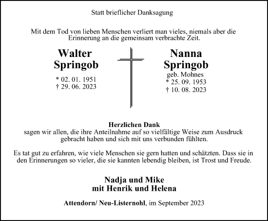 Traueranzeige von Walter und Nanna Springob von Tageszeitung