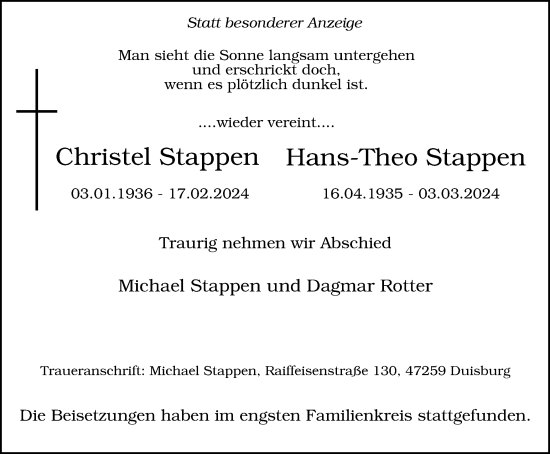 Traueranzeige von Christel und Hans-Theo Stappen von Tageszeitung