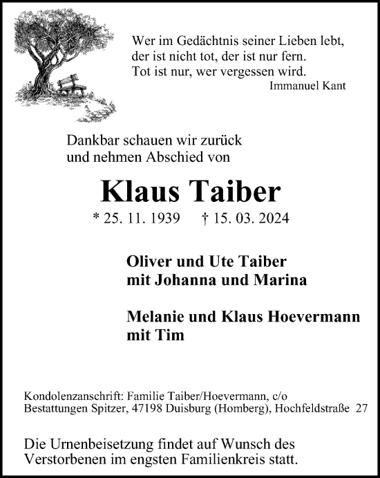Traueranzeige von Klaus Taiber von Tageszeitung