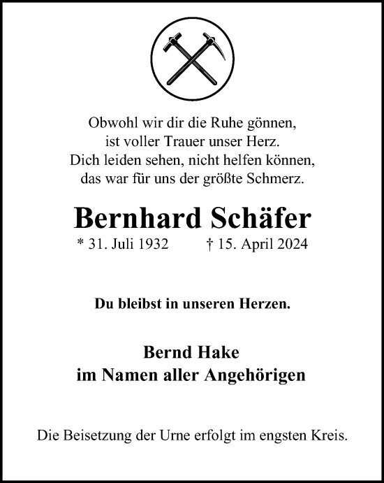 Traueranzeige von Bernhard Schäfer von Tageszeitung