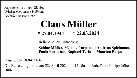 Traueranzeige von Claus Müller von Tageszeitung