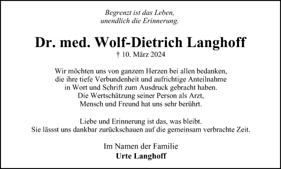 Traueranzeige von Dr.med. Wolf-Dietrich Langhoff von Tageszeitung