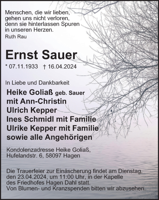 Traueranzeige von Ernst Sauer von Tageszeitung